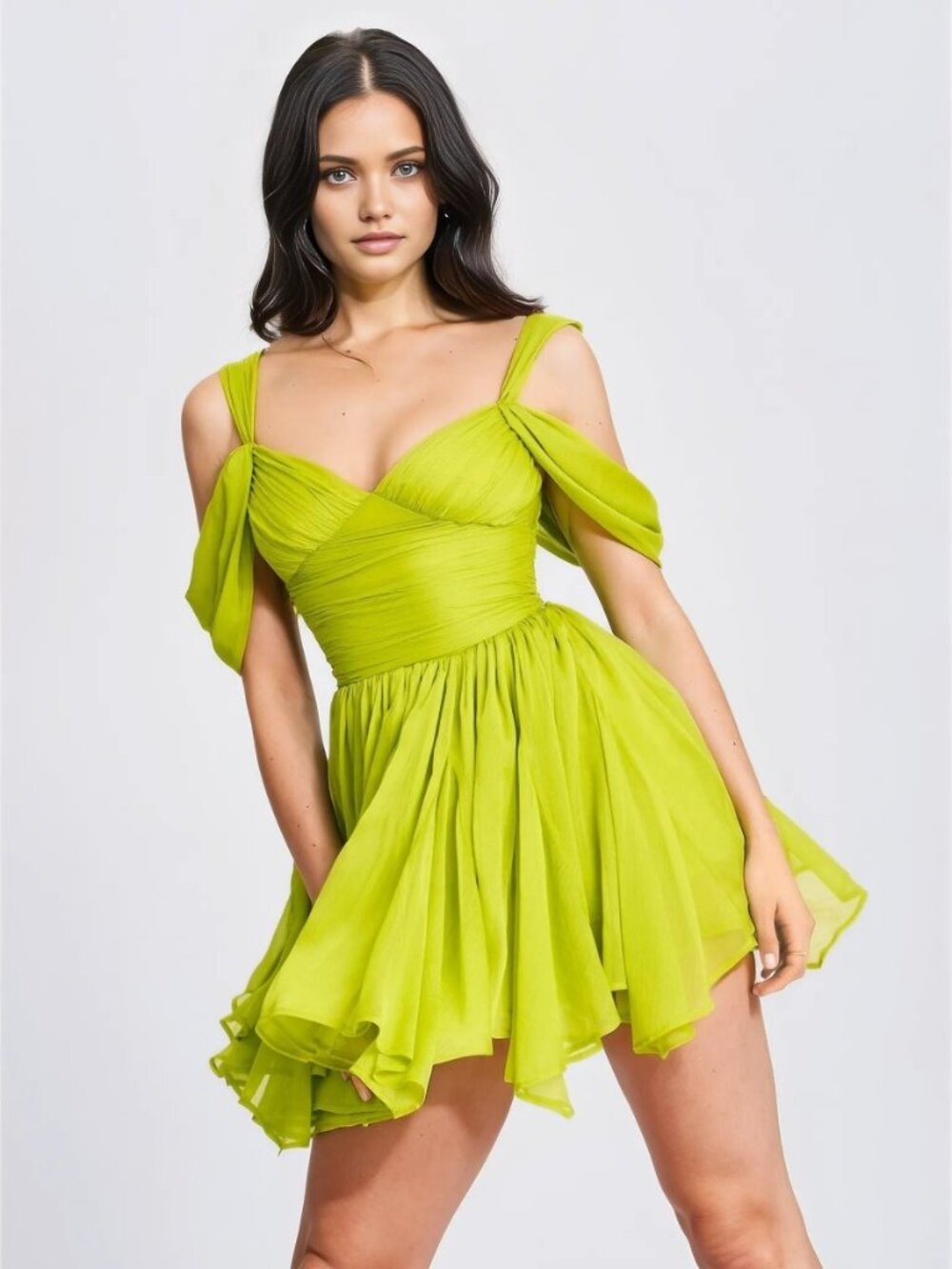 Frani Olive Green Layered Mesh Mini Dress